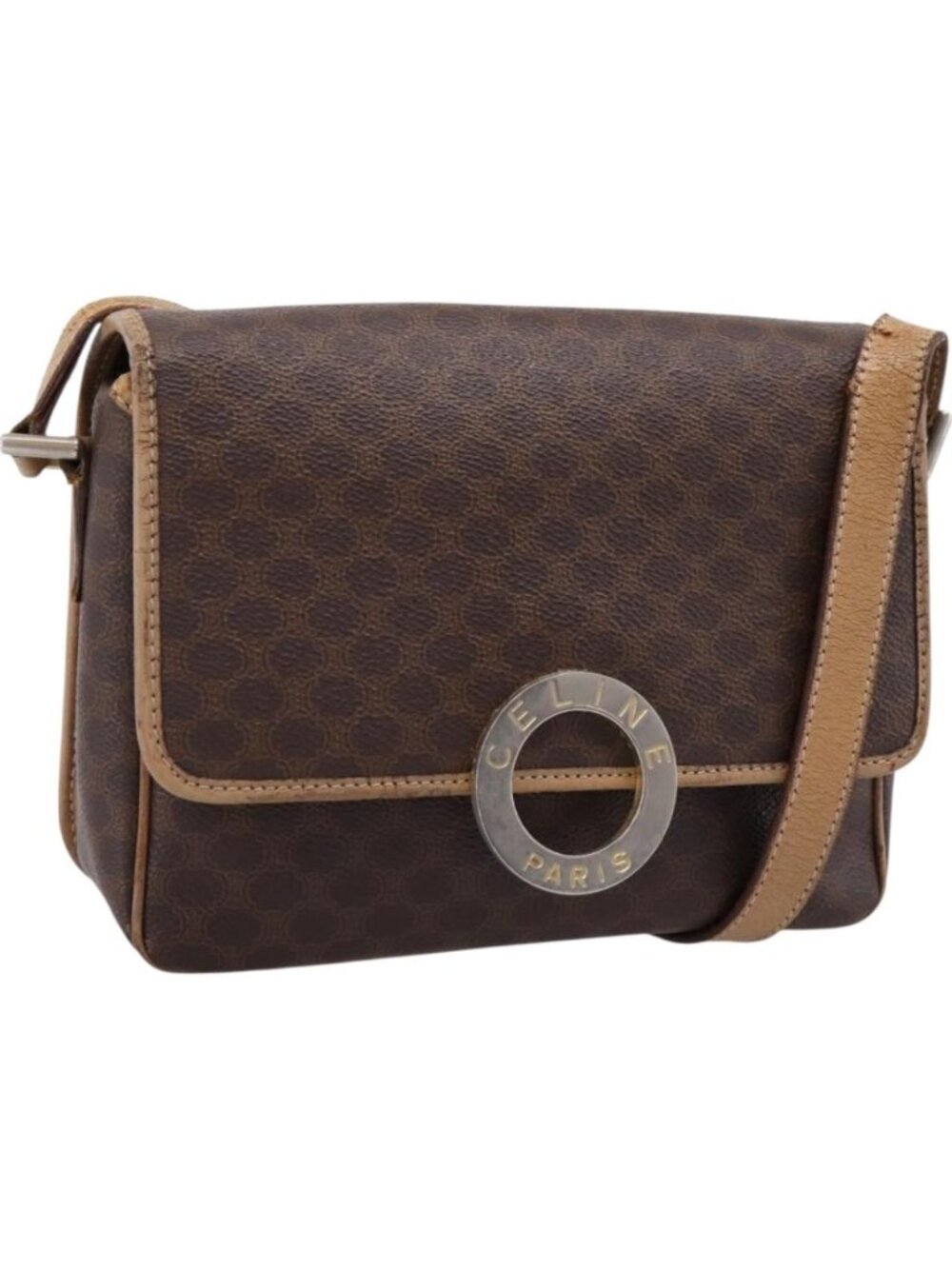 CELINE Macadam Canvas Shoulder Bag PVC Leather Brown Gold